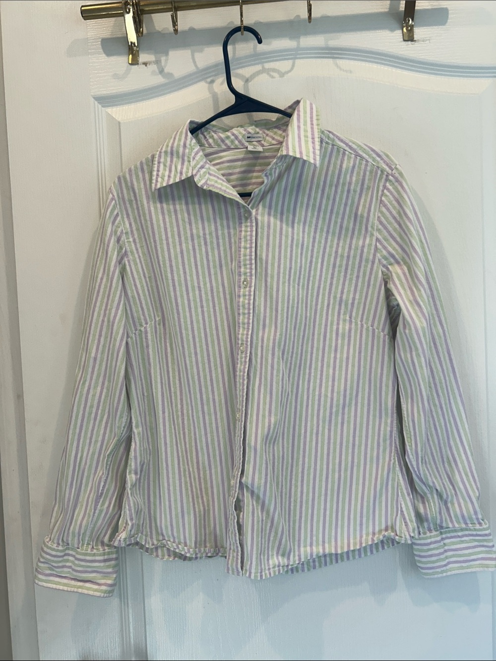 GAP stretch vintage Y2K Pastel Green & Lavender Striped Button-Up Shirt xl